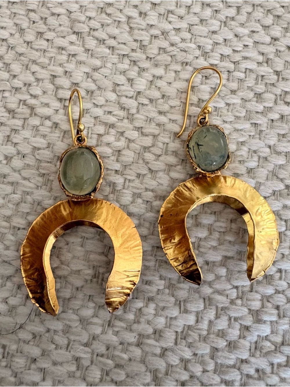 Gold Crescent Drop Earrings with Pale Green Stone